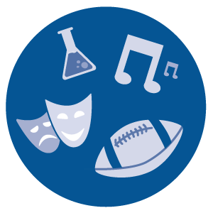 An illustration including a football, music notes, theater masks, and a chemistry beaker