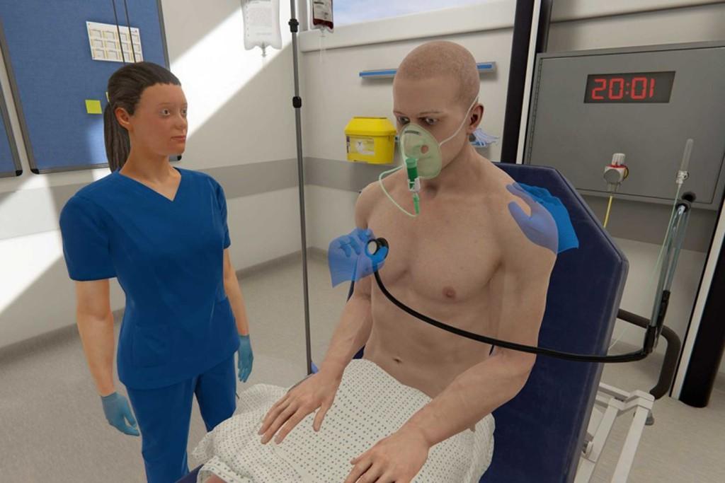 A virtual reality simulation shows a nurse giving a patient a cardiac exam