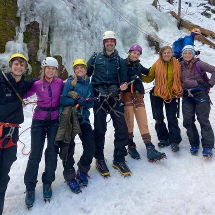 A group shot of U N E students at an ice climbing outing