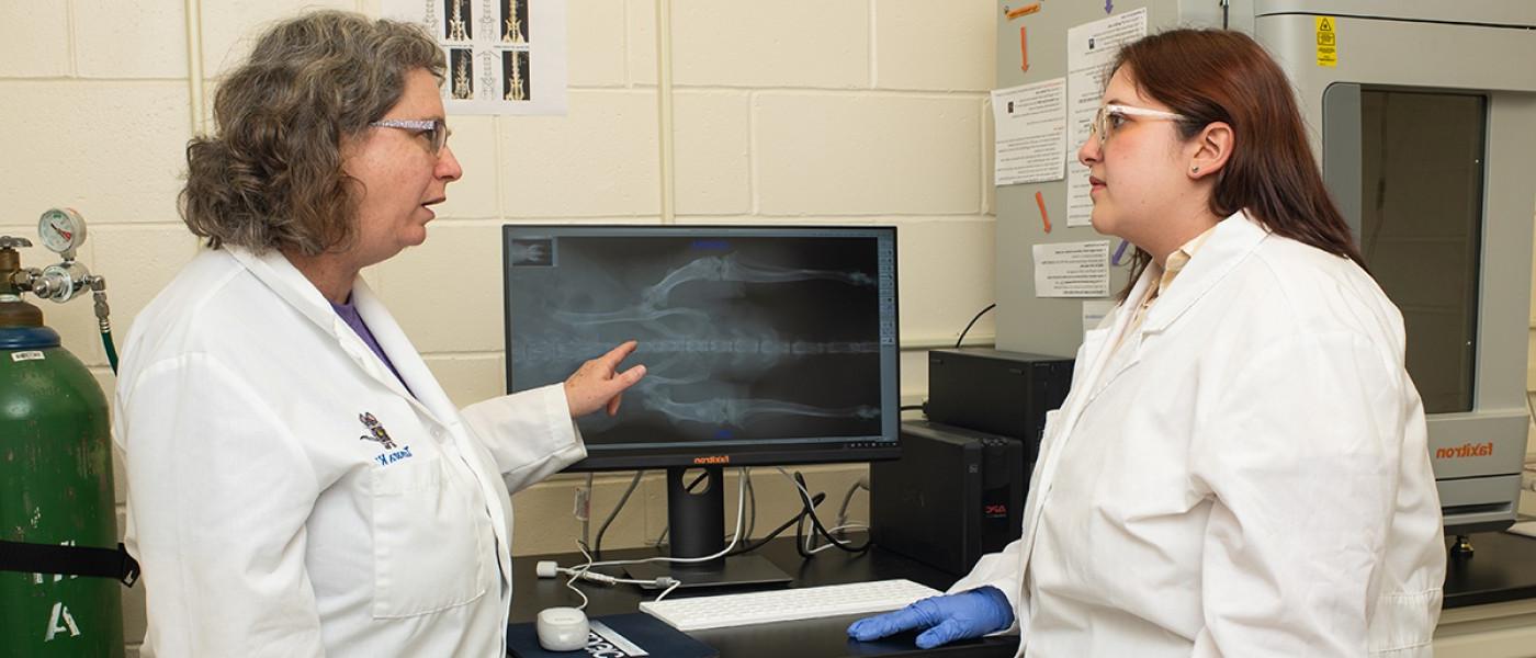 A student and professor review an X-ray on a monitor