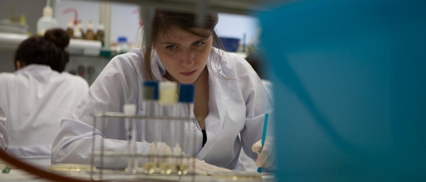 A female U N E student sits at a lab table recording data in Seville