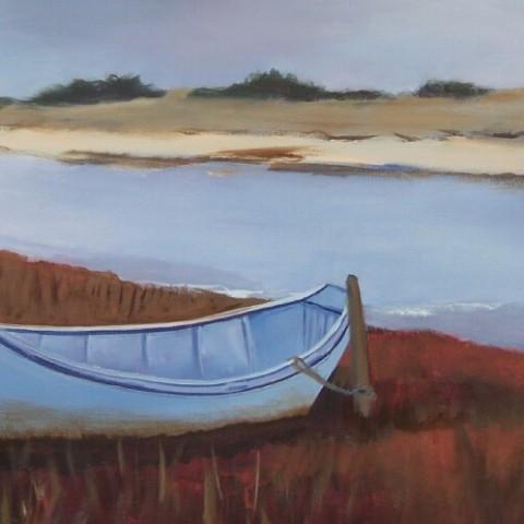 A painting of a small rowboat sitting on the shore by the water